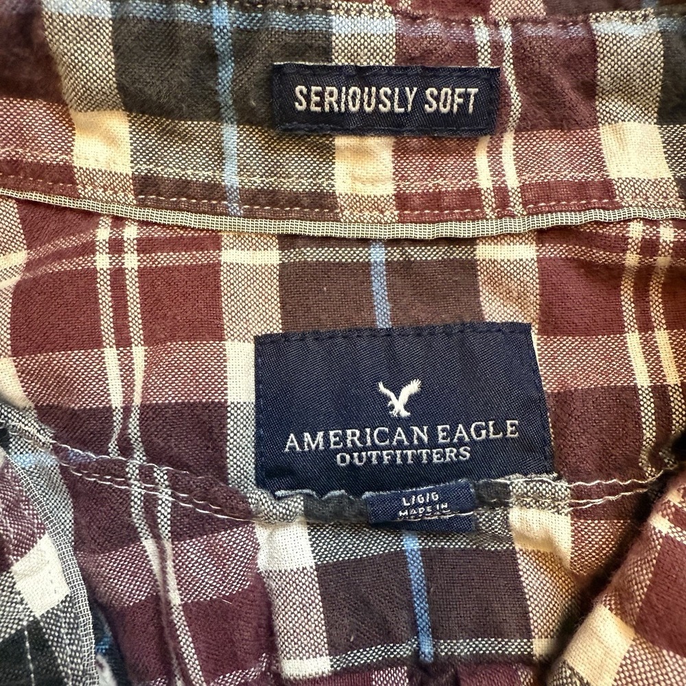 ✨American Eagle Seriously Soft Plaid Western Shirt Short Sleeve Elastic Waist L - Picture 7 of 9
